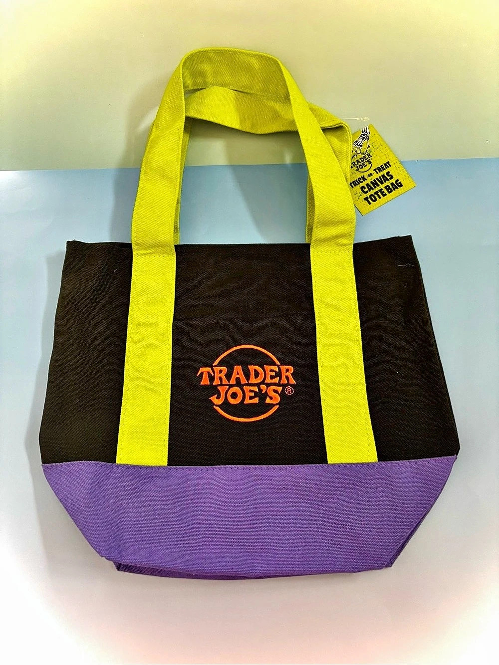 Trader Joe's Trick-or-Treat Mini Canvas Tote Bag Black & Purple